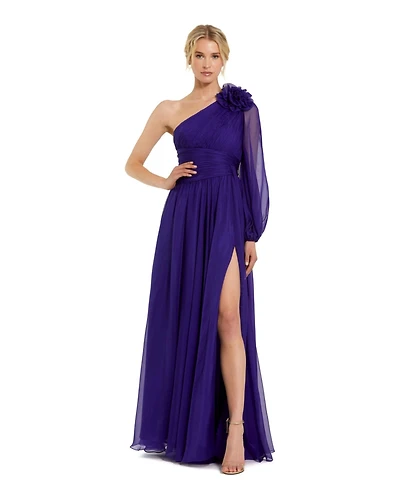 Mac Duggal Women's One Sleeve Ruched Chiffon Gown With 3D Flower