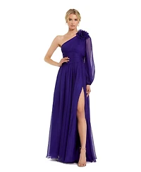Mac Duggal Women's One Sleeve Ruched Chiffon Gown With 3D Flower