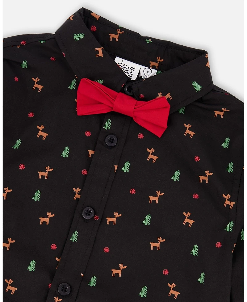 Deux par Boy Printed Poplin Shirt Black and Multicolor with Bow Tie - Toddler|Child