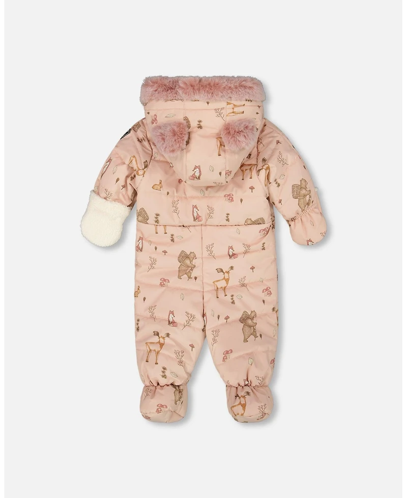 Deux par Baby Girl One-Piece Layette Snowsuit Designed for Car Seat Pink Printed Animal