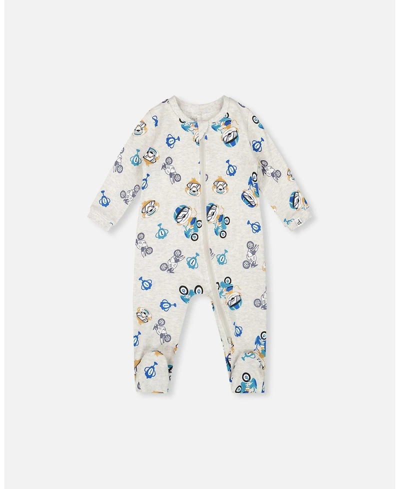 Deux par Baby Boys One-Piece Cotton Pajama Beige Monkey Print