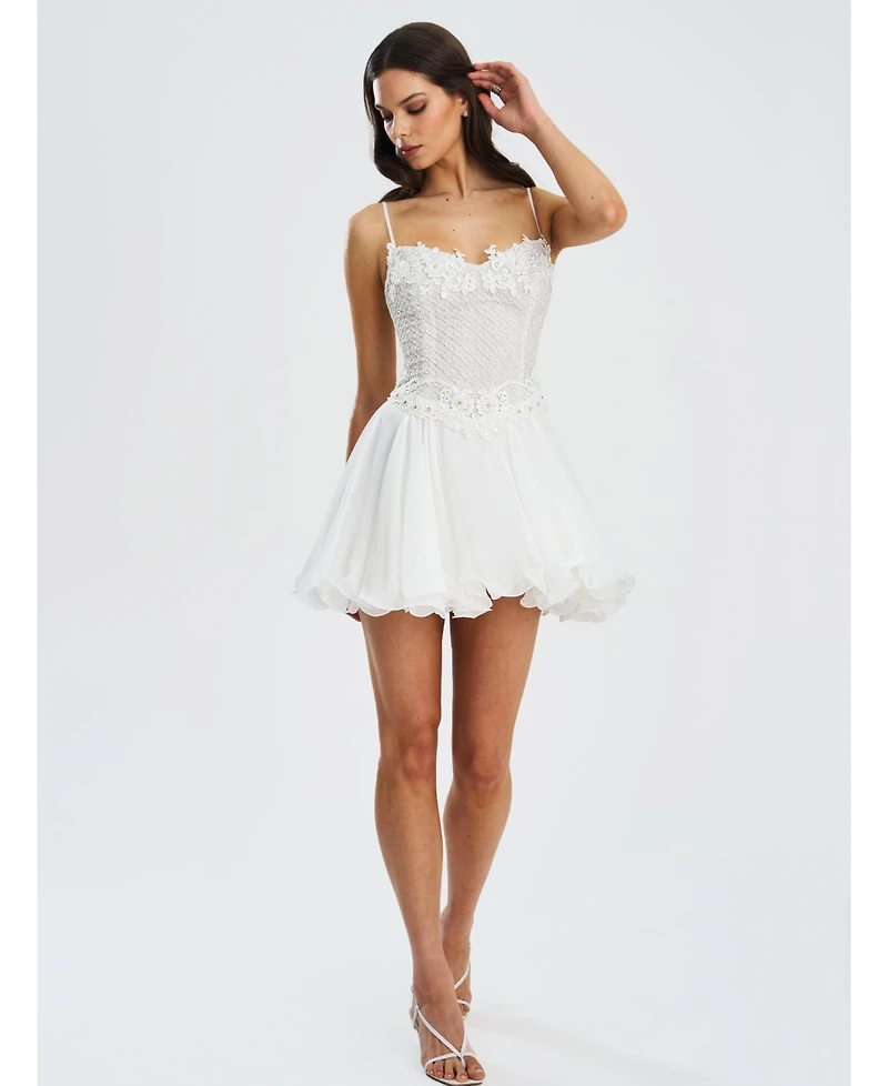 Miss Circle Women Fabiola Lace Trim Silver Net Top Mini Flare Chiffon Dress