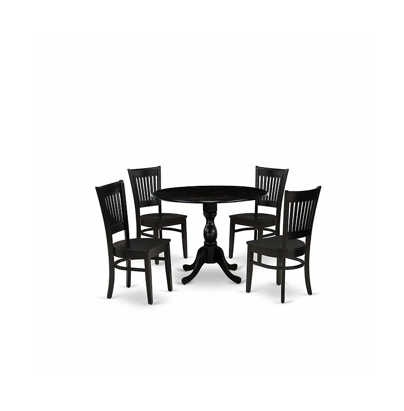 East West Furniture 5-Piece Kitchen Dining Set- 4 Wooden Chair with Wooden Seat and Slatted Chair Back - Drop Leaves Round Dining Table