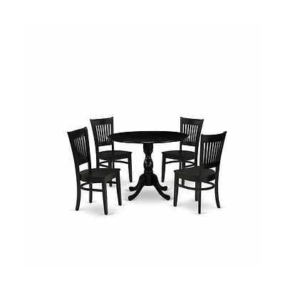 East West Furniture 5-Piece Kitchen Dining Set- 4 Wooden Chair with Wooden Seat and Slatted Chair Back - Drop Leaves Round Dining Table