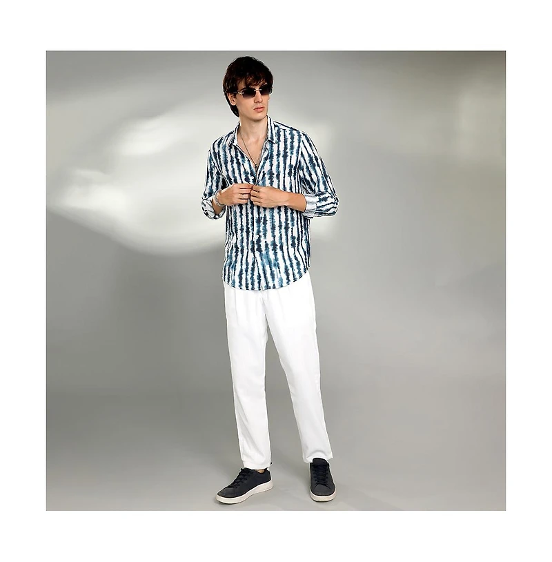 Campus Sutra Men's Indigo Blue & Daisy White Ink-Striped Shirt