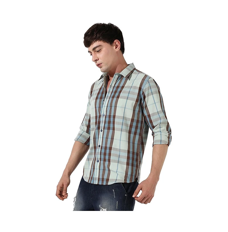 Campus Sutra Men's Sage Green Tartan Plaid Shirt