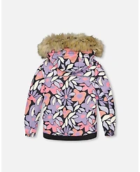 Deux par Girl Two-Piece Play Snowsuit with Allover Print Jacket and Solid Pant Black
