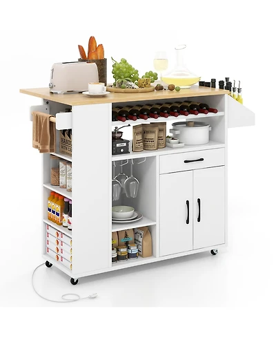 Gymax Drop-Leaf Kitchen Island Cart w/ Power Outlet Wine Rack Glass Holder Drawer