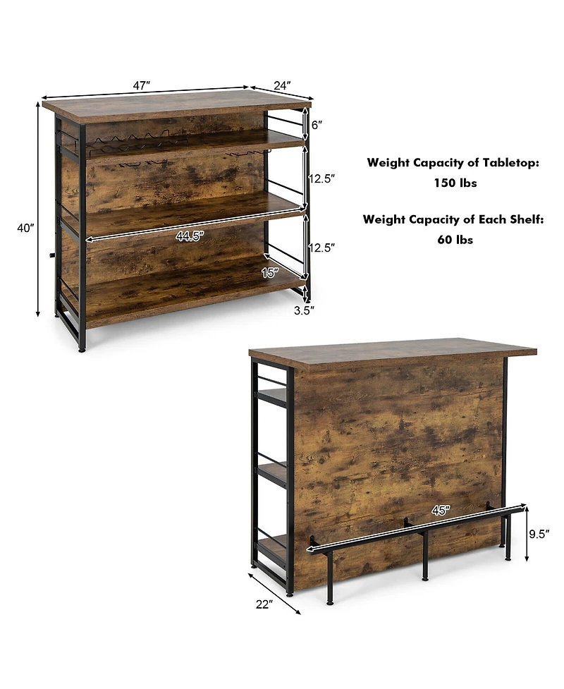 Gymax Industrial Kitchen Island Bar Table 4-Tier Storage Shelf Wine Rack Glass Holders
