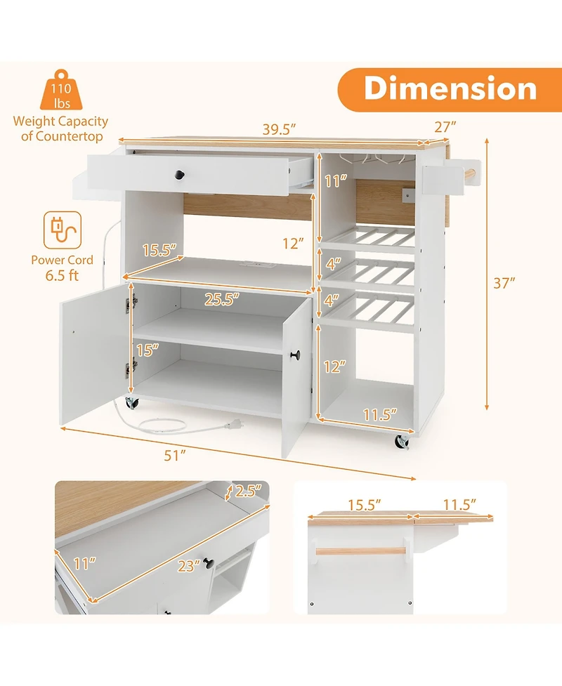 Gymax Kitchen Island Cart w/ Drop-Leaf & Power Outlet Microwave Shelf Wine Rack Drawer