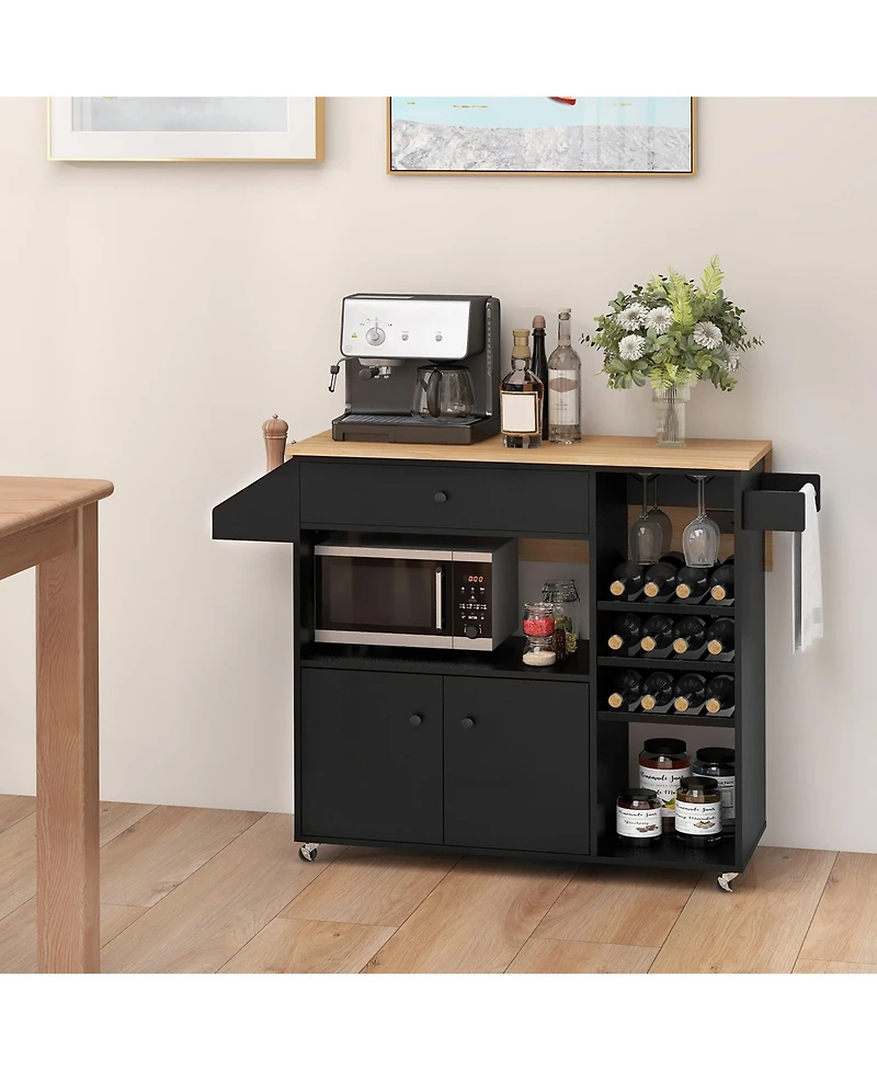 Gymax Kitchen Island Cart w/ Drop-Leaf & Power Outlet Microwave Shelf Wine Rack Drawer