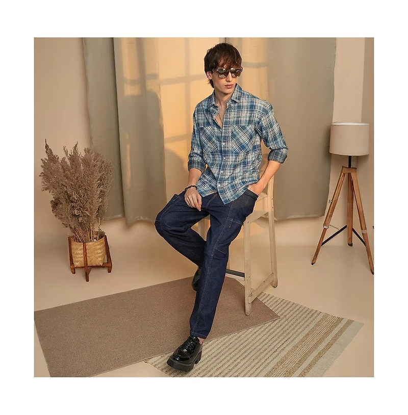 Campus Sutra Men's Steel Blue Tartan Plaid Shirt