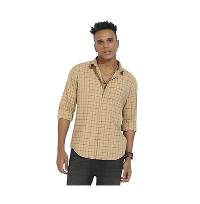 Campus Sutra Men's Beige Contrast Tartan Plaid Shirt