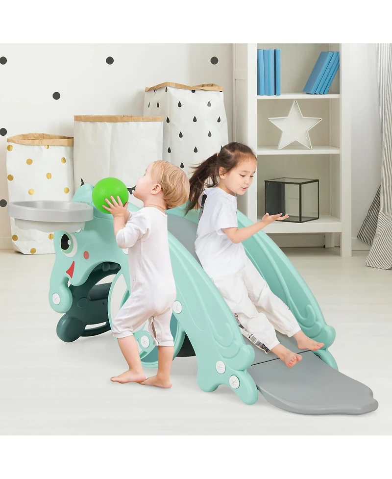 Gymax 3-in-1 Kids Slide Rocking Horse Set Convertible Toddler w/ Basketball Hoop Green
