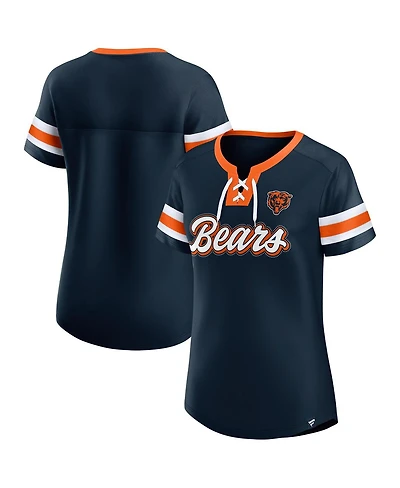 Fanatics Women's Navy Chicago Bears True Catch Iconic Rhinestone Bling Athena Lace-Up T-Shirt