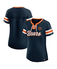 Fanatics Women's Navy Chicago Bears True Catch Iconic Rhinestone Bling Athena Lace-Up T-Shirt