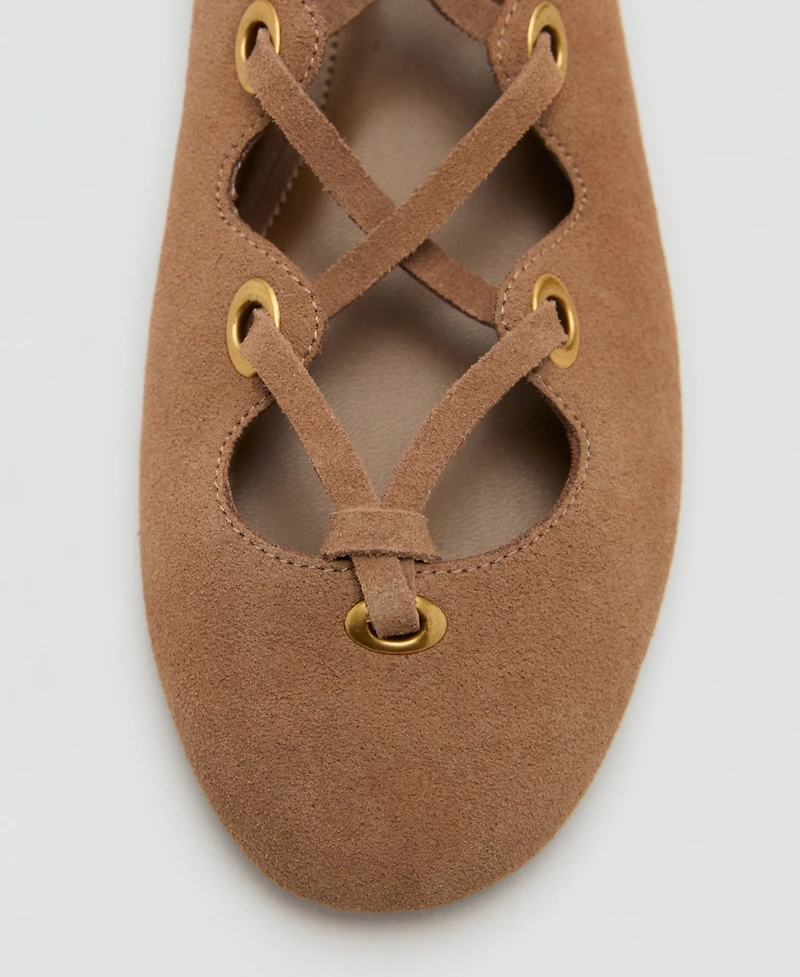 Mango Women's Crossed Straps Suede Ballet Flats