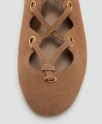 Mango Women's Crossed Straps Suede Ballet Flats