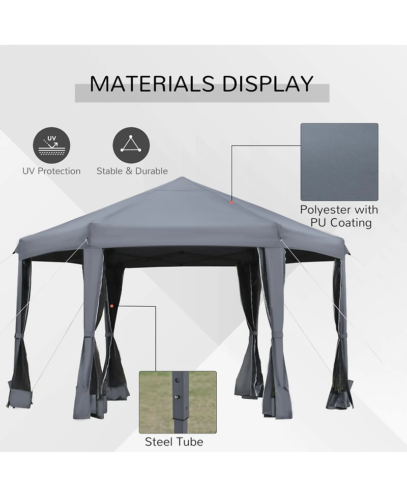 Outsunny 13' x 13' Pop Up Hexagonal Canopy Tent w/ Mesh Sidewalls,