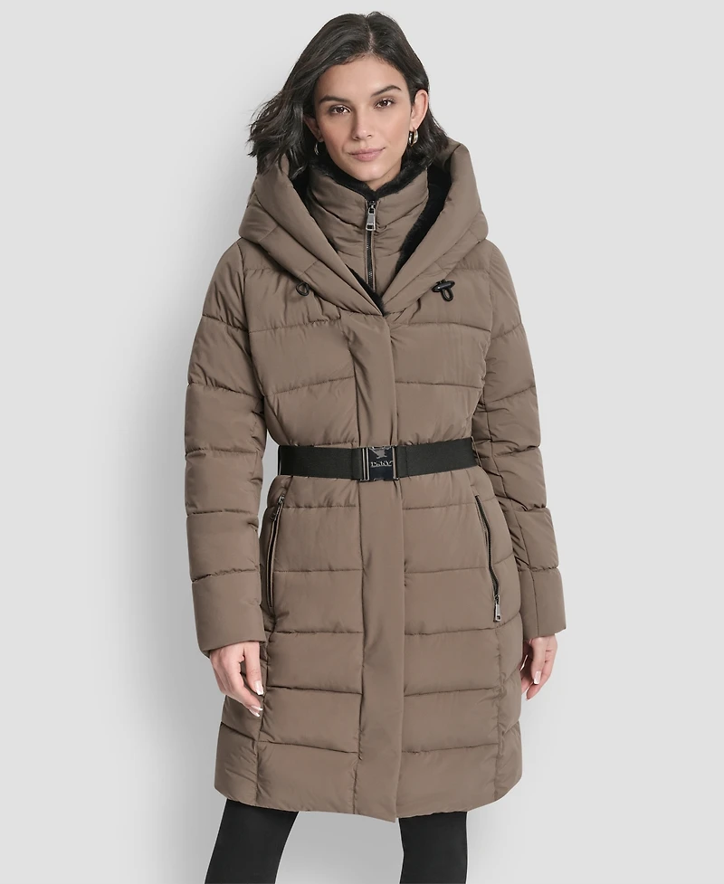 Dkny Women's Belted Asymmetrical Zip Front Puffer Coat
