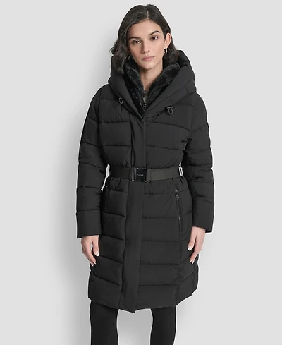 Dkny Women's Belted Asymmetrical Zip Front Puffer Coat