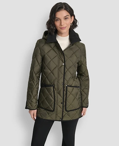 Dkny Women's Corduroy Collar Hooded Quilted Coat