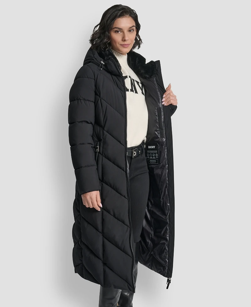 Dkny Women's Hooded Zip Front A-Line Maxi Puffer Coat