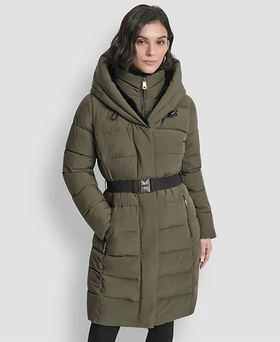 Dkny Women's Belted Asymmetrical Zip Front Puffer Coat