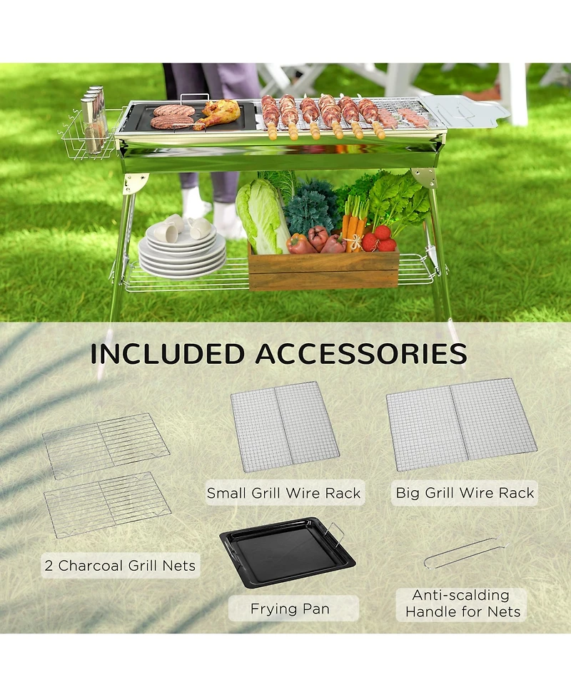 Outsunny Portable Folding Charcoal Bbq Grill with Pan Storage Shelf Hooks