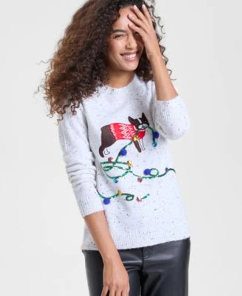 Holiday Lane Womens Embroidered Dog Graphic Sweater Pxs Xxl Macys Exclusive