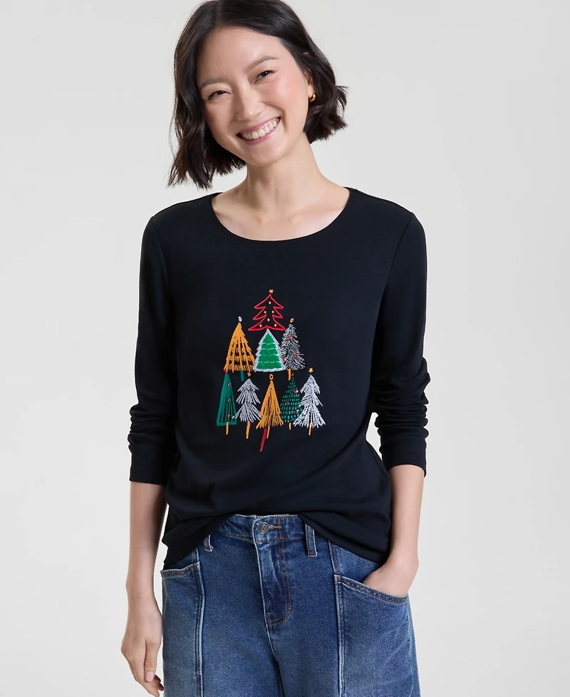 Holiday Lane Petite Festive Trees Scoop Neck T-Shirt, Macy's Exclusive