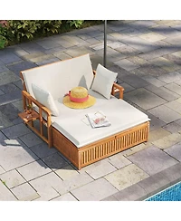 Costway Outdoor Wooden Daybed with 4-Level Backrest & Removable Cushions for Poolside
