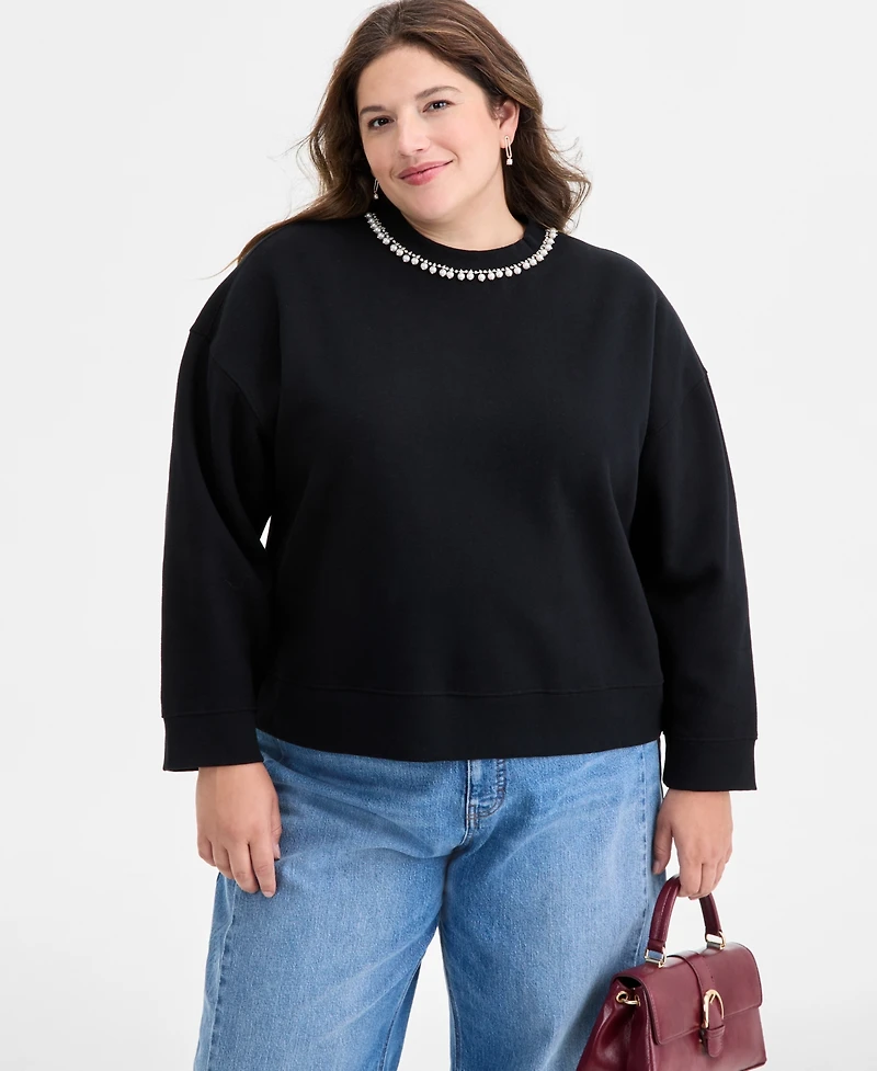 On 34th Trendy Plus Embellished-Neck Long-Sleeve Sweatshirt, Macy's Exclusive