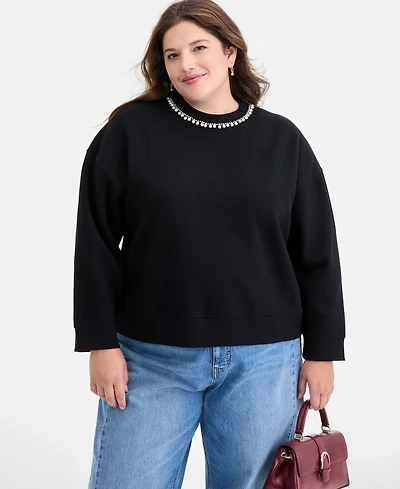 On 34th Trendy Plus Embellished-Neck Long-Sleeve Sweatshirt, Macy's Exclusive