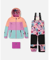 Deux par Girl Two-Piece Teknik Snowsuit with Colorblocked Jacket Pink Watercolor Flower Print - Toddler|Child