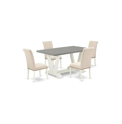 East West Furniture 5-Pc Stylish Dining Room Table Set a Cement Color Modern Dining Table Top and 4 Lovely Linen Fabric Parson Chairs with Nail Heads
