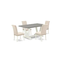East West Furniture 5-Pc Stylish Dining Room Table Set a Cement Color Modern Dining Table Top and 4 Lovely Linen Fabric Parson Chairs with Nail Heads