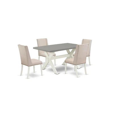 East West Furniture 5-Piece Beautiful Rectangular Dining Room Table Set an Outstanding Cement Color Kitchen Table Top and 4 Attractive Linen Fabric Pa