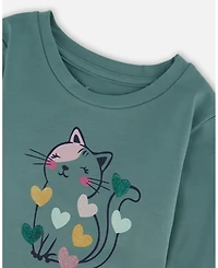 Deux par Girl Cotton T-Shirt Sage with Cat