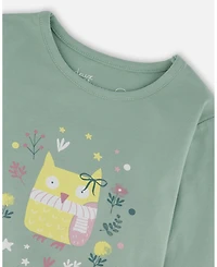 Deux par Girl Cotton Jersey Top Jade Green with Owl