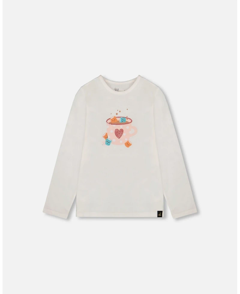 Deux par Big Girls Cotton Long Sleeve T-Shirt Off-White with Hot Chocolate