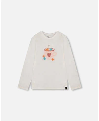 Deux par Big Girls Cotton Long Sleeve T-Shirt Off-White with Hot Chocolate