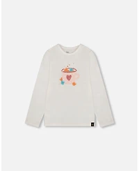 Deux par Big Girls Cotton Long Sleeve T-Shirt Off-White with Hot Chocolate