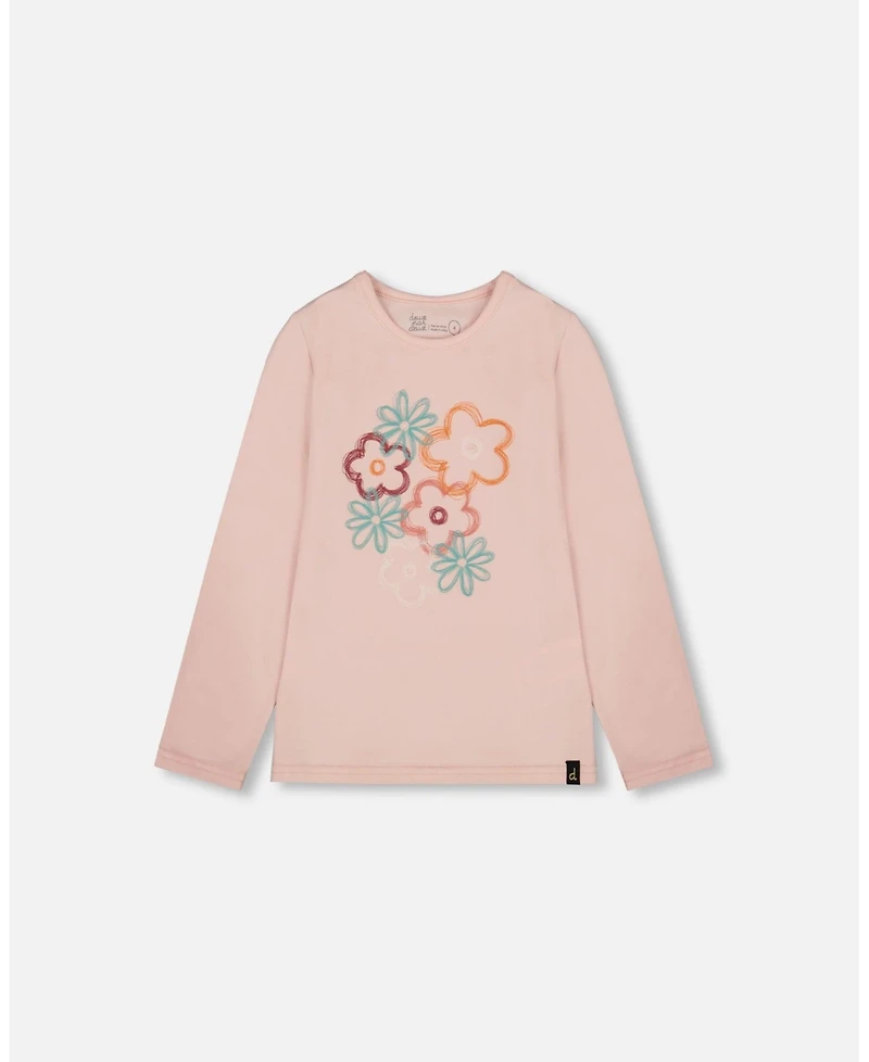 Deux par Girl Cotton Long Sleeve T-Shirt Light Pink with Big Flowers - Child