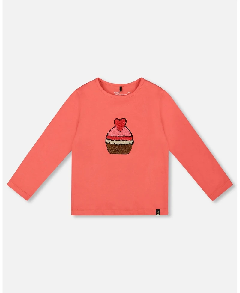 Deux par Girl Cotton T-Shirt Coral with Cupcake - Child