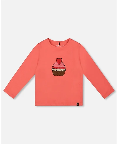 Deux par Girl Cotton T-Shirt Coral with Cupcake - Child