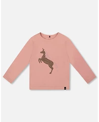 Deux par Big Girls Cotton Long Sleeve T-Shirt Dusty Pink with Sequin Unicorn