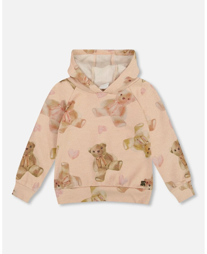 Deux par Big Girls Glittering French Terry Hoodie Beige Teddy Bear Print