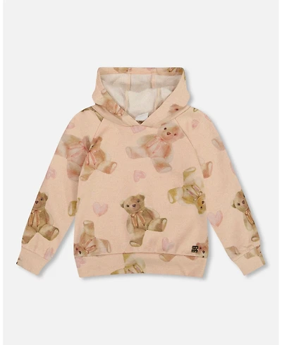Deux par Big Girls Glittering French Terry Hoodie Beige Teddy Bear Print