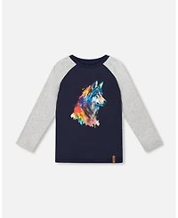 Deux par Little Boys Long Raglan Sleeve Jersey Tee Navy Blue - Toddler|Child